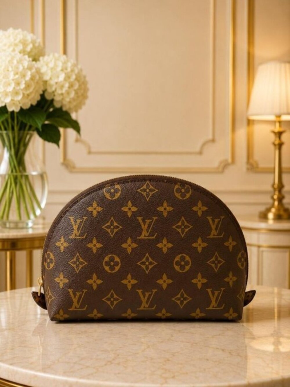 Authentic Louis Vuitton Monogram Demi Ronde Cosmetic Pouch Brown Canvas Luxury